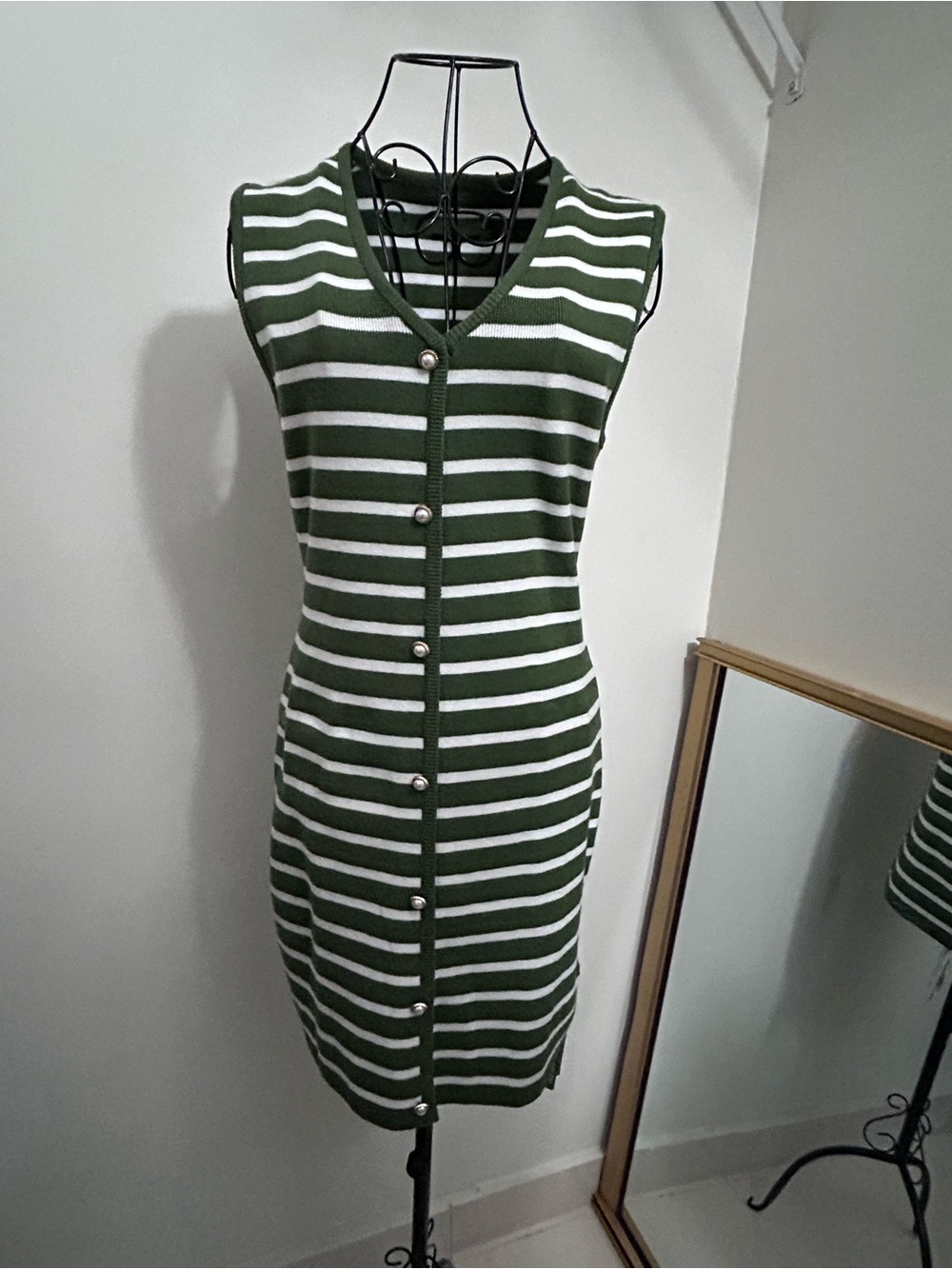 Sleeveless Green & White Stripe Button-Front Knit Dress